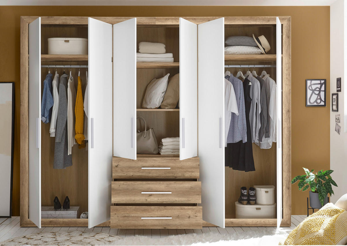 DREHTÜRENSCHRANK 289/225/59 cm,  in Weiß, Eichefarben, 6-türig  - Eichefarben/Silberfarben, MODERN, Holzwerkstoff/Kunststoff (289/225/59cm) - MID.YOU