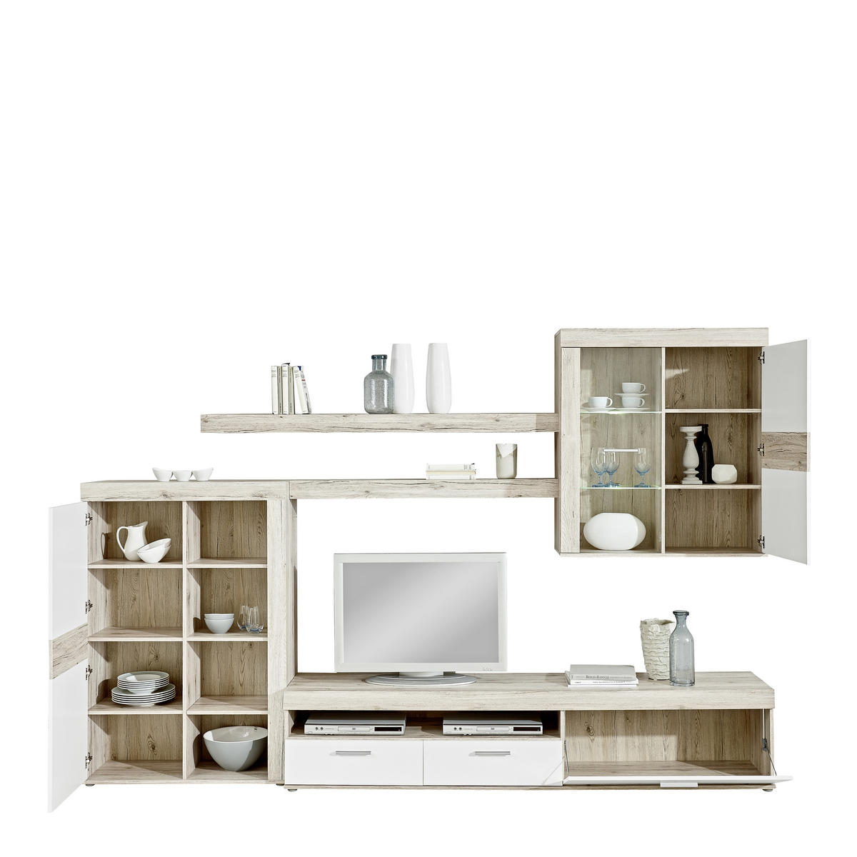 WOHNWAND  in Weiß, Eichefarben  300/200,9/41 cm  - Eichefarben/Alufarben, Design, Glas/Holzwerkstoff (300/200,9/41cm) - Carryhome