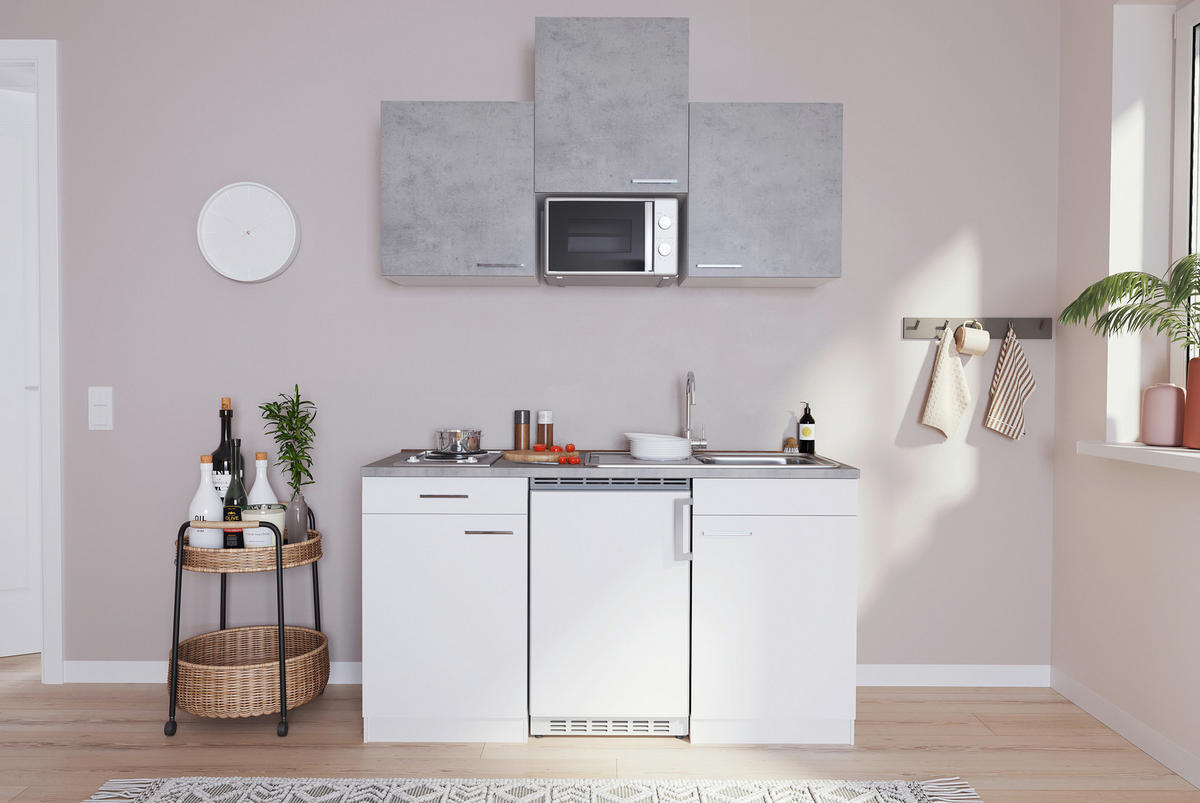 MINIKÜCHE 150 cm   in Grau, Weiss  - Weiss/Alufarben, Konventionell, Holzwerkstoff/Kunststoff (150cm) - Respekta