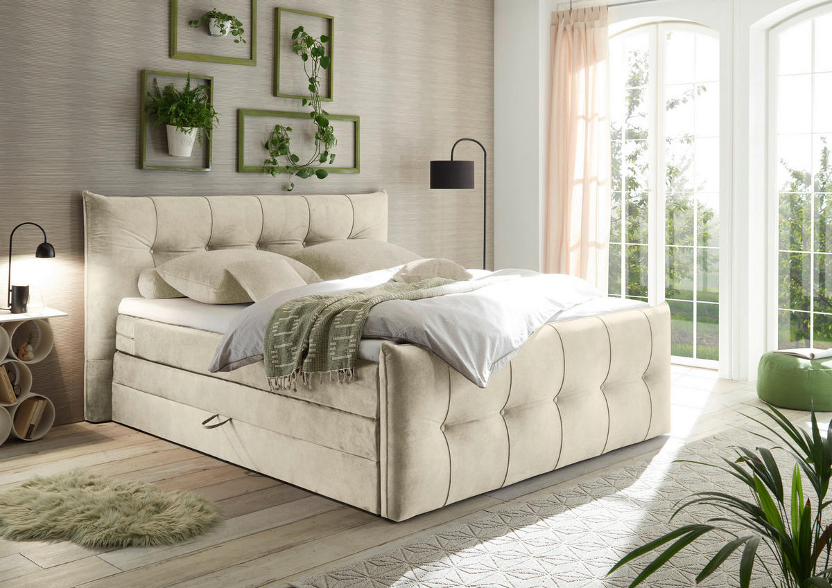 BOXSPRINGBETT 180/200 cm  in Creme  - Creme/Schwarz, KONVENTIONELL, Kunststoff/Textil (180/200cm) - Esposa
