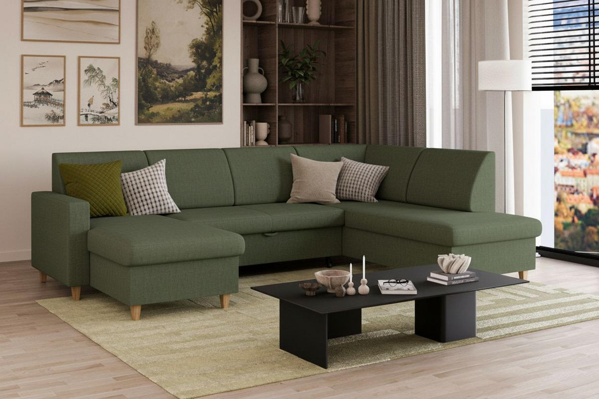 WOHNLANDSCHAFT NIKAS Grün Bouclé  - Buchefarben/Grün, Design, Holz/Textil (310/160/145cm) - MID.YOU