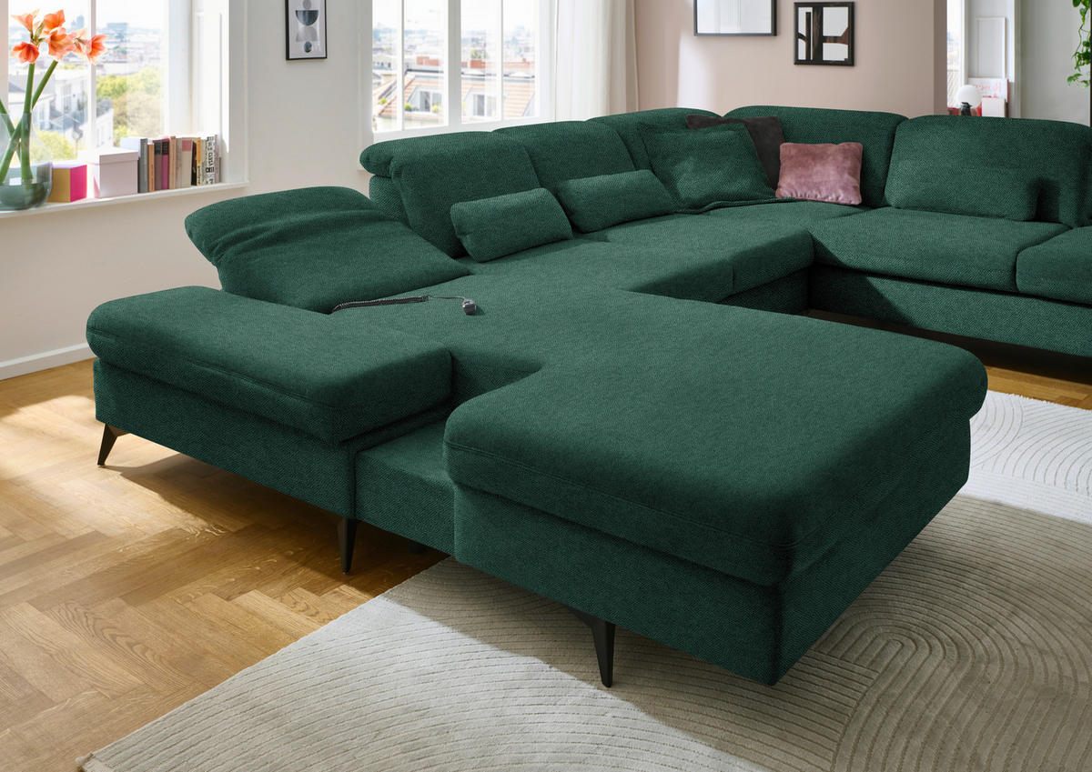 WOHNLANDSCHAFT  in Chenille Waldgrün  - Waldgrün/Schwarz, Design, Textil/Metall (198/364/255cm) - Beldomo Style