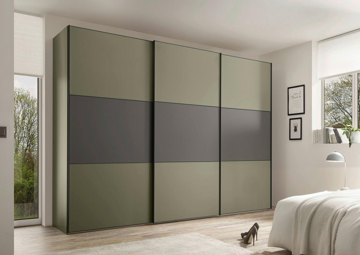 SCHWEBETÜRENSCHRANK 280/222/68 cm 3-türig Anthrazit, Salbeigrün  - Salbeigrün/Anthrazit, Design, Holzwerkstoff/Metall (280/222/68cm) - Moderano