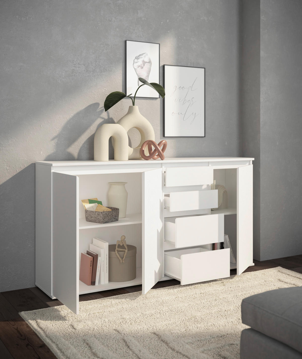 SIDEBOARD Brest 160/84/35 cm 4 Schublade(n)  - Weiß/Grau, Design, Holzwerkstoff/Kunststoff (160/84/35cm) - Boxxx