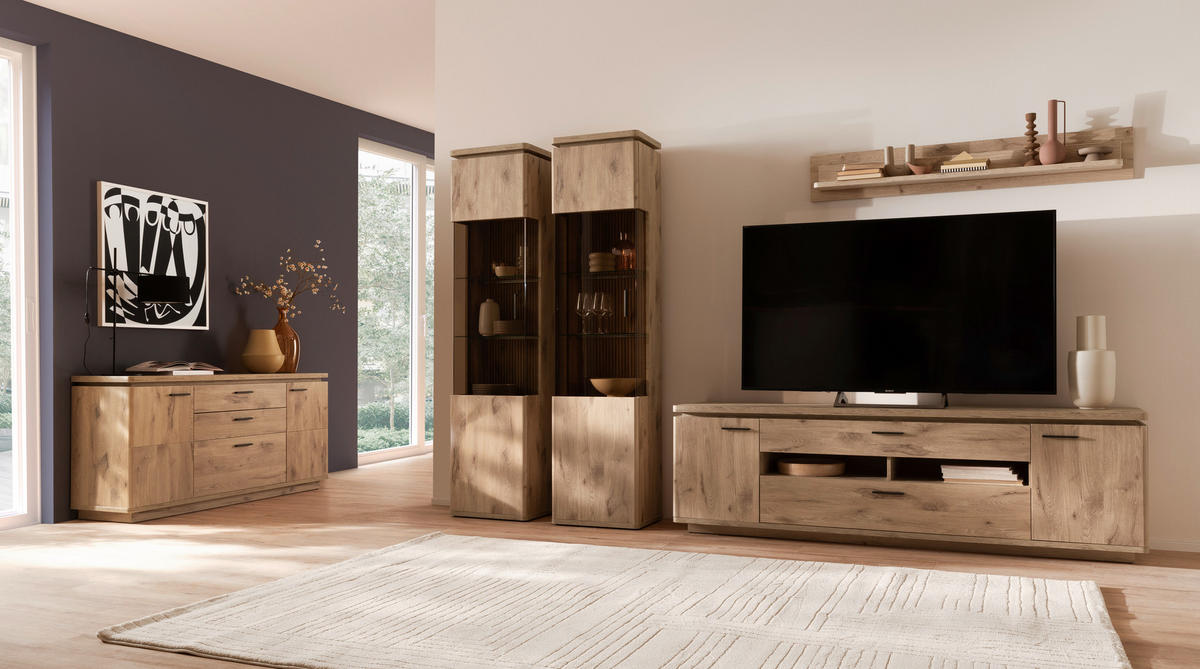 WOHNWAND 4-teilig  in Eichefarben  330/208/50 cm  - Eichefarben/Anthrazit, KONVENTIONELL, Glas/Holzwerkstoff (330/208/50cm) - Cantus