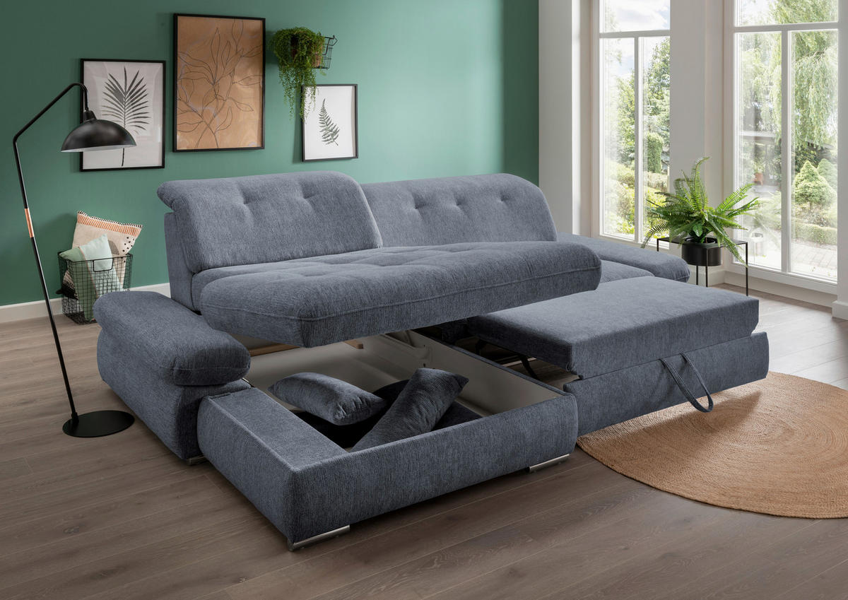 ECKSOFA in Chenille Hellblau  - Chromfarben/Hellblau, Design, Textil/Metall (196/300cm) - Livetastic