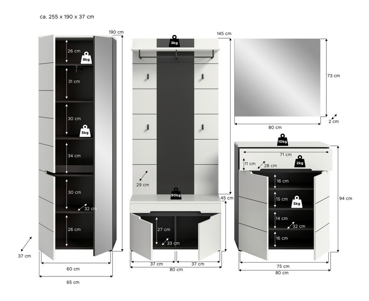 ŠATNA, 255/190/37 cm - šedá/bílá, Design, kompozitní dřevo (255/190/37cm) - Livetastic