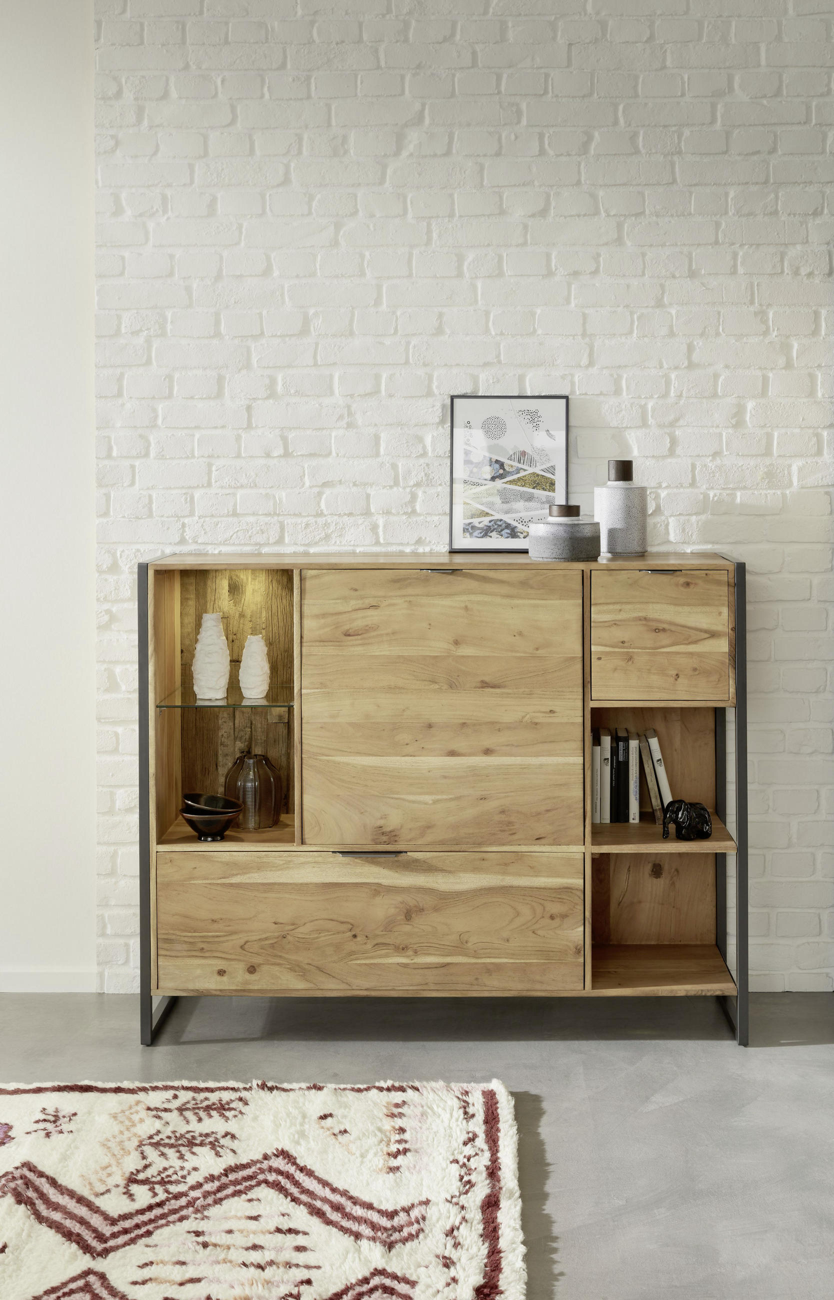 ANRICHTE Akazie vollmassiv gebeizt - Anthrazit/Akaziefarben, Basics, Glas/Holz (146/116/40cm) - Livetastic
