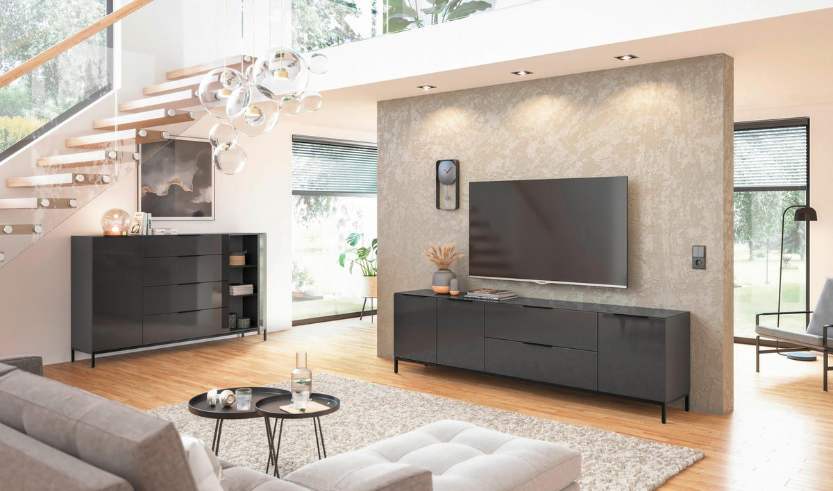 SIDEBOARD style  in 180/98,7/40 cm  - Anthrazit/Anthrazit Hochglanz, Basics, Glas/Holzwerkstoff (180/98,7/40cm)
