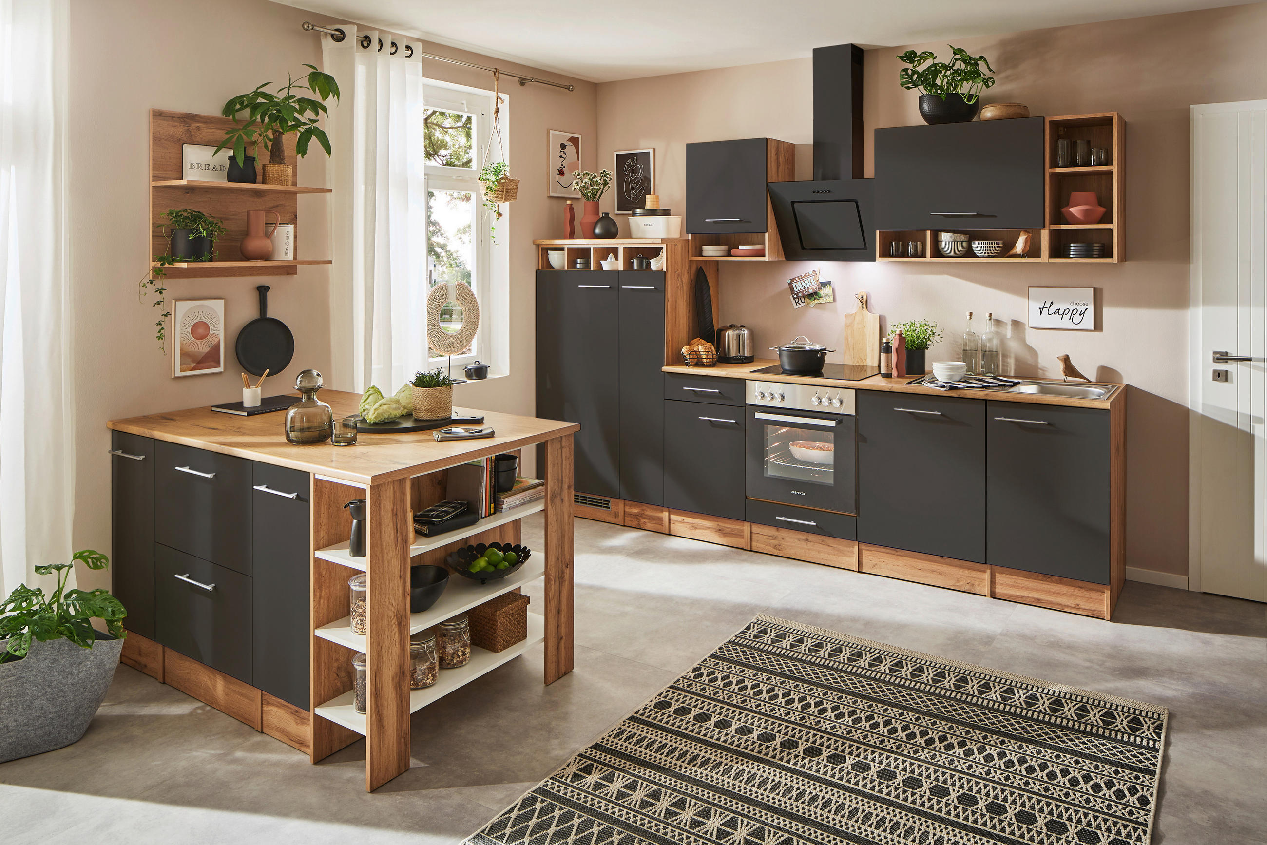 MODULKÖK 310-150 cm   i grå  - skogsek/aluminiumfärg, Design, metall/trämaterial (310-150cm) - Respekta