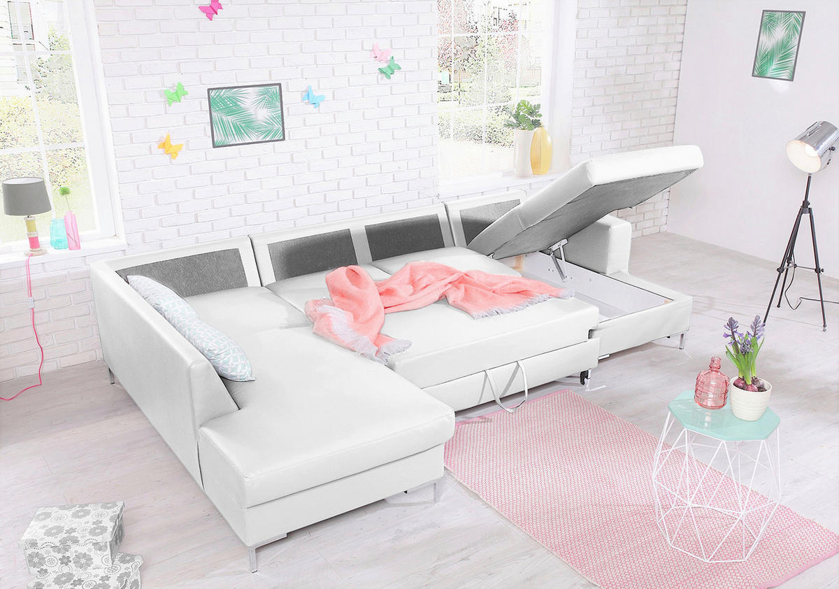 WOHNLANDSCHAFT in Lederlook Weiss  - Weiss/Silberfarben, Design, Leder/Metall (197/303/148cm) - MID.YOU