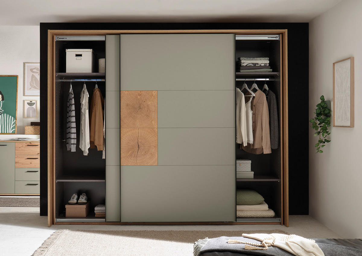 SCHWEBETÜRENSCHRANK  in Salbeigrün, Eiche Artisan  - Salbeigrün/Schwarz, KONVENTIONELL, Holzwerkstoff/Metall (270/225,5/63,7cm) - Xora