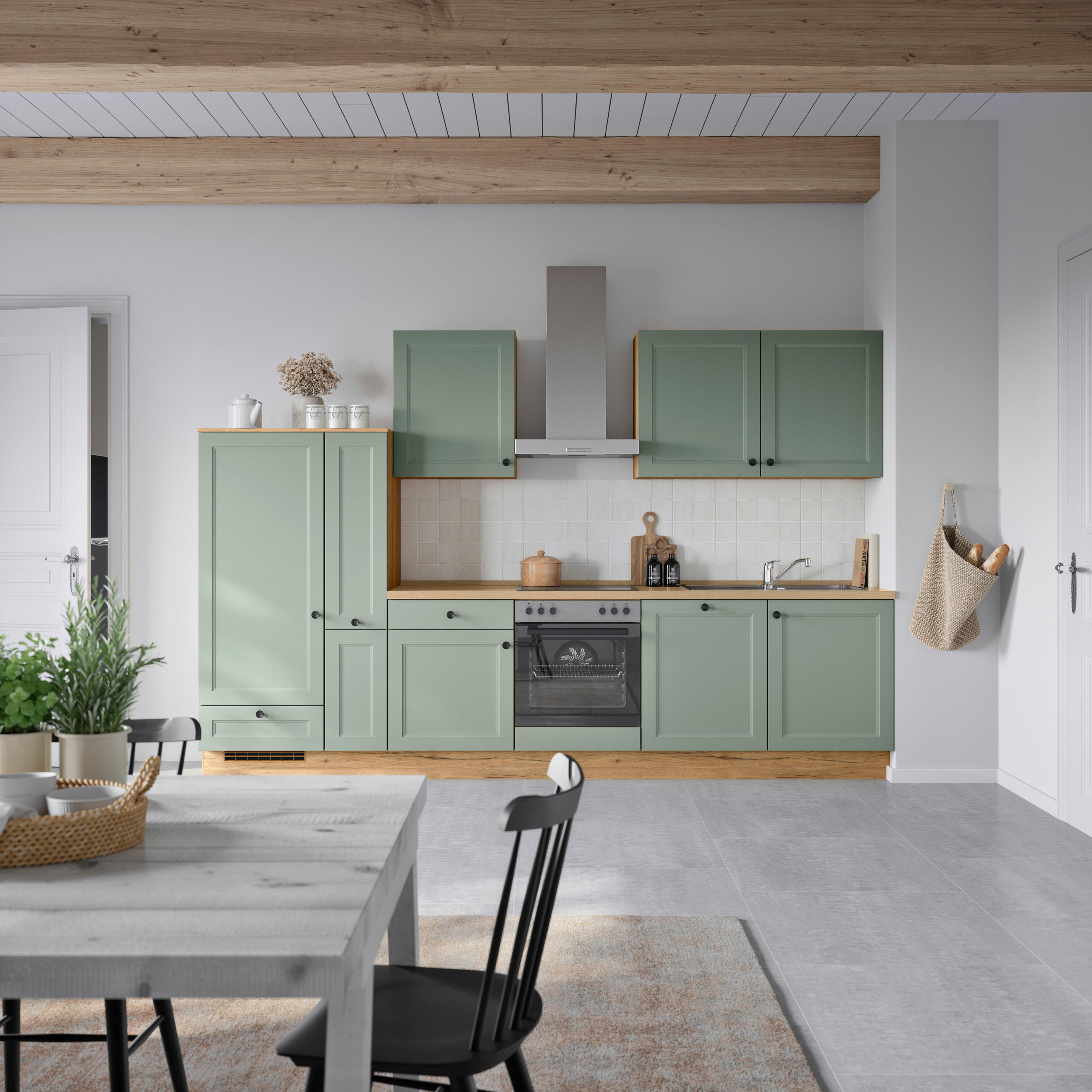 KÜCHENBLOCK 330 cm   in Eichefarben, Schilfgrün  - Schilfgrün/Eichefarben, MODERN, Holzwerkstoff/Metall (330cm) - Nobilia