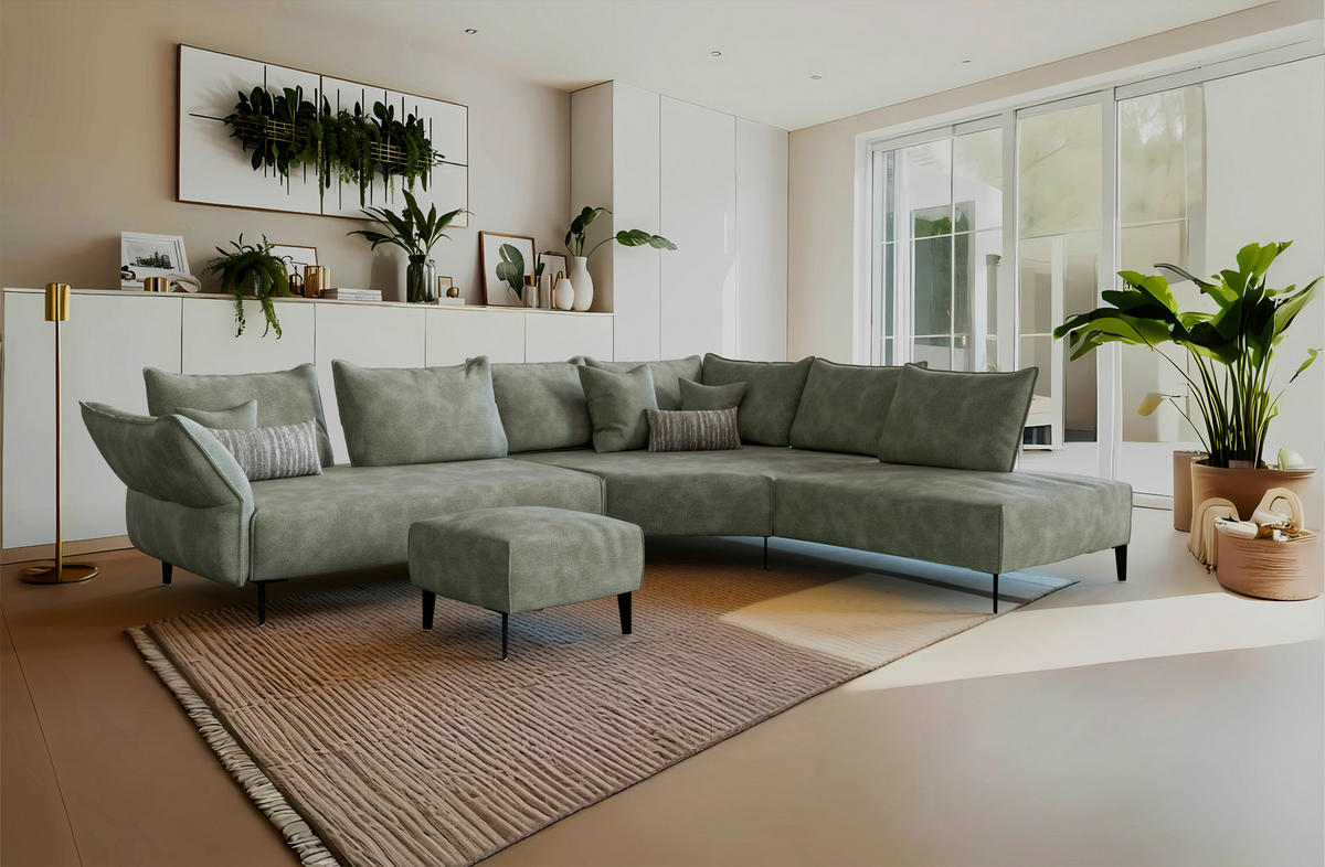 ECKSOFA Chenille, Flachgewebe Grün  - Schwarz/Grün, Modern, Textil/Metall (340/272cm) - W.Schillig