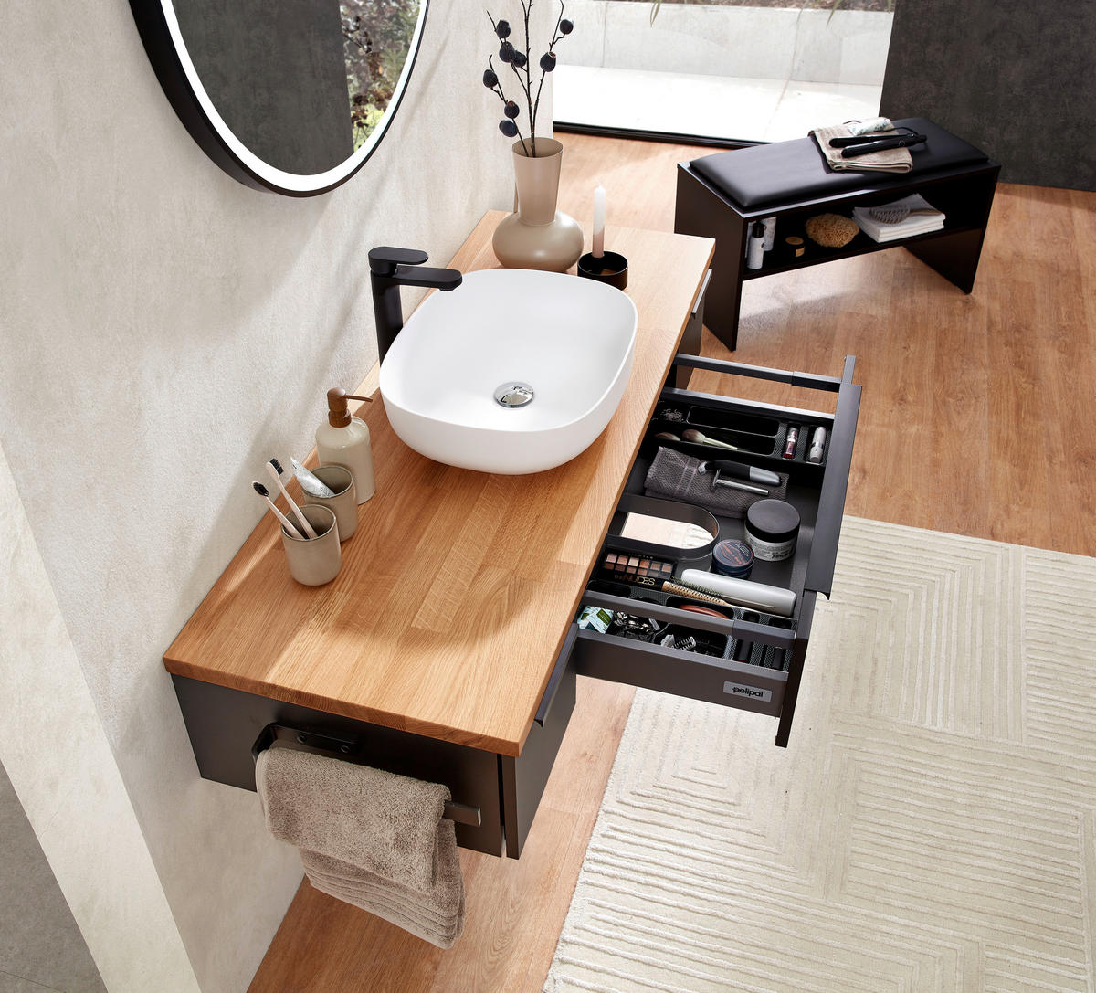 BADEZIMMER 3-teilig  in 137 cm  - Eichefarben/Schwarz, LIFESTYLE, Holzwerkstoff/Stein (137cm) - Sadena