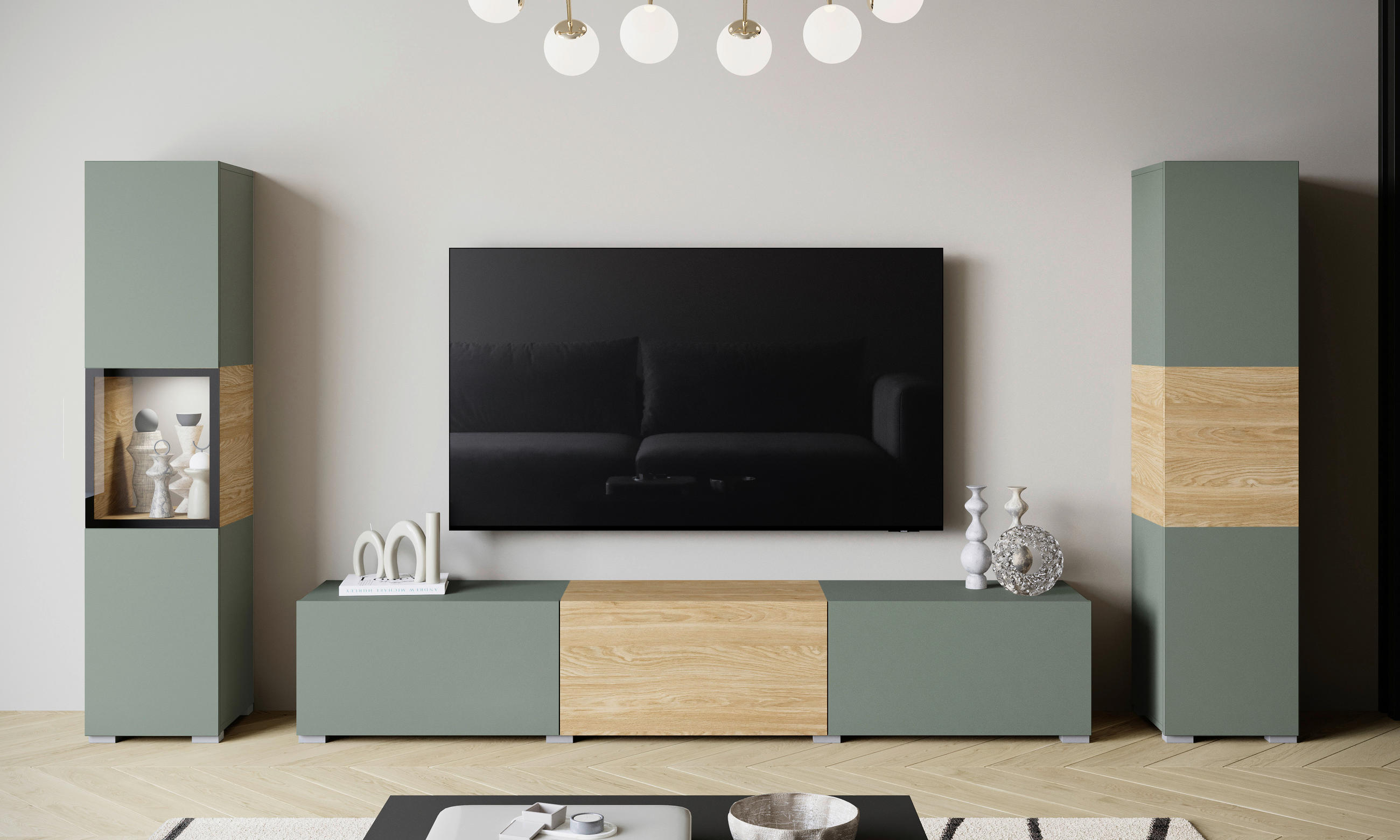 Ansamblu Mobilier Camera De Z, 3 piese, culoare lemn stejar, verde salvie, 240/130/31 cm