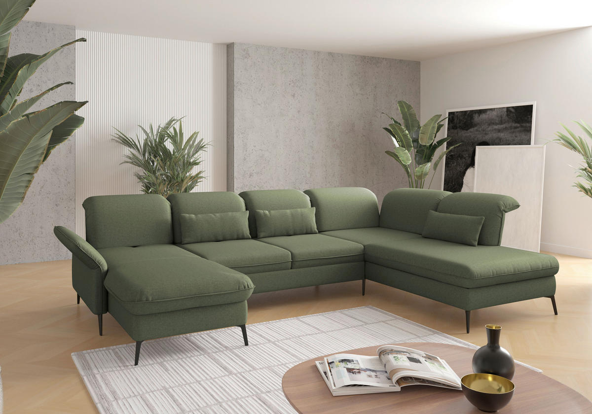 WOHNLANDSCHAFT Flachgewebe Olivgrün  - Schwarz/Olivgrün, Konventionell, Textil/Metall (198/359/231cm) - Sit & More