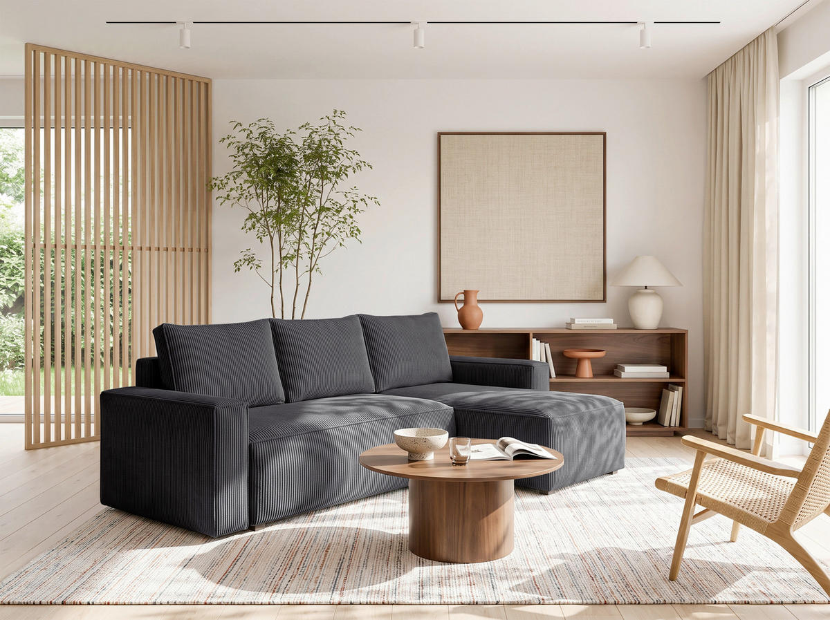 ECKSOFA Anthrazit Cord Rückenkissen, Bettkasten, Schlaffunktion, Rücken echt, Liegefläche im Originalstoff  - Anthrazit/Schwarz, MODERN, Kunststoff/Textil (232/140cm) - Xora