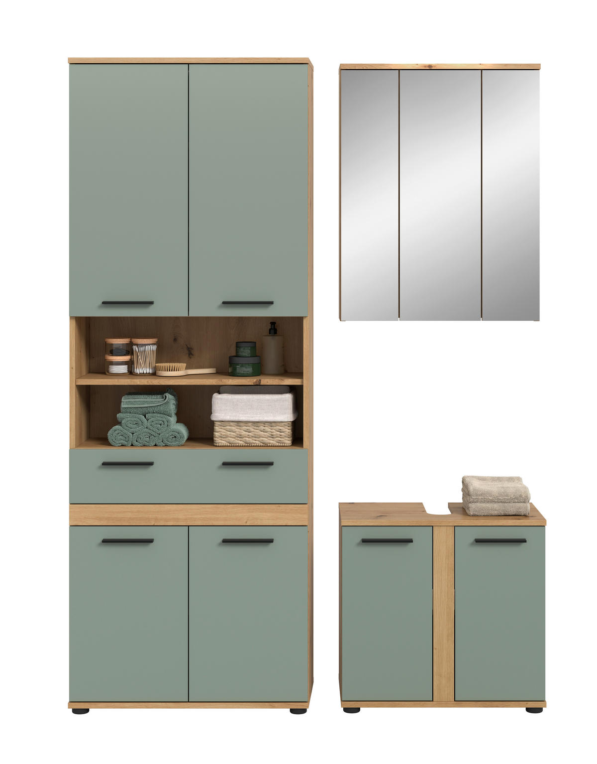 BADEZIMMER 3-teilig  in 145 cm  - Salbeigrün/Schwarz, Trend, Glas/Holzwerkstoff (145cm) - MID.YOU