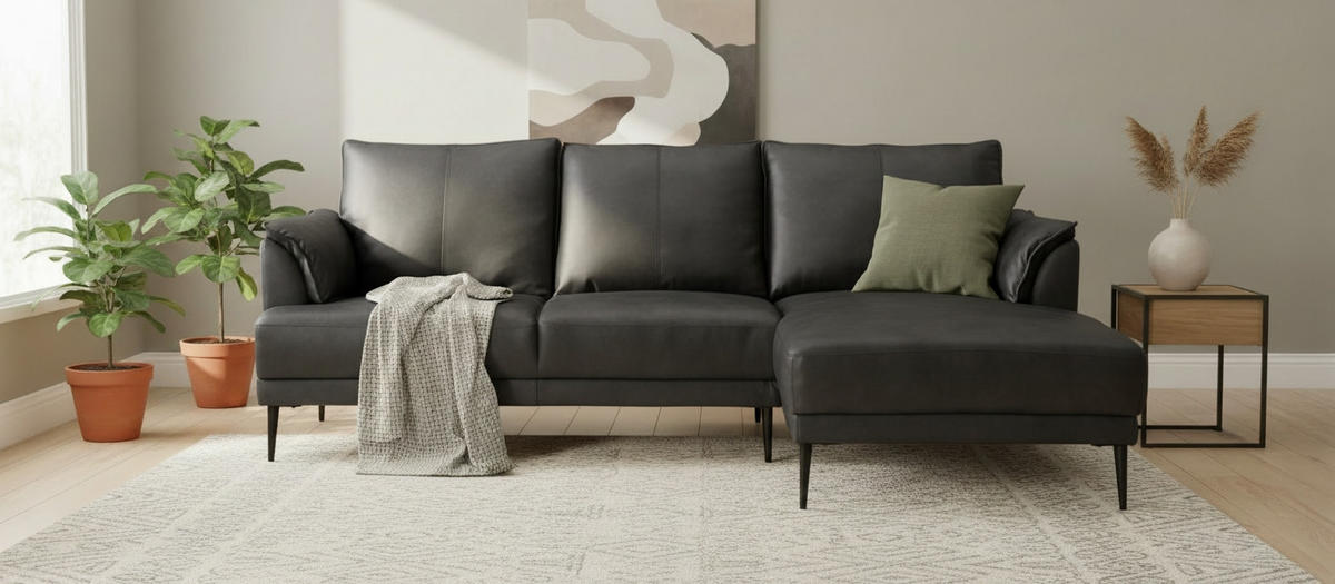 ECKSOFA  in Echtleder Schwarz  233/153 cm  - Schwarz, Design, Leder/Textil (233/153cm) - Livetastic