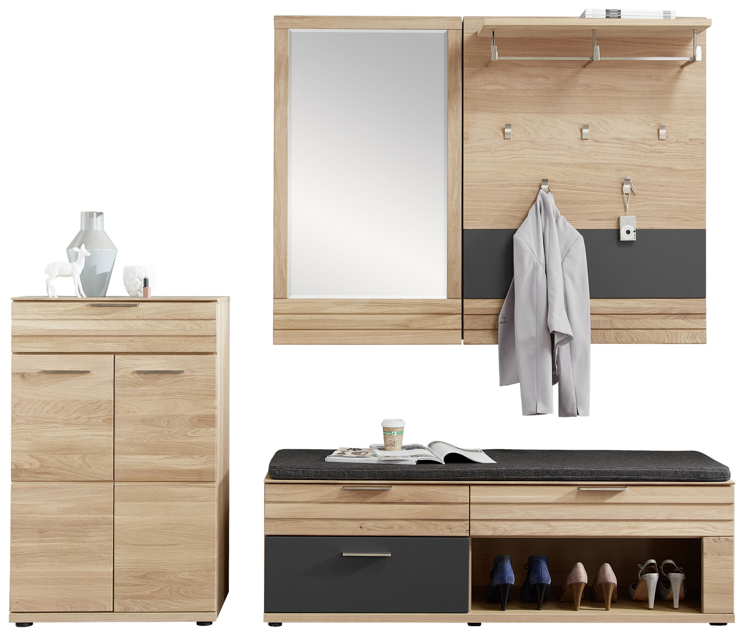 GARDEROBE Graphitfarben, Eichefarben - Eichefarben/Graphitfarben, Natur, Holz/Textil