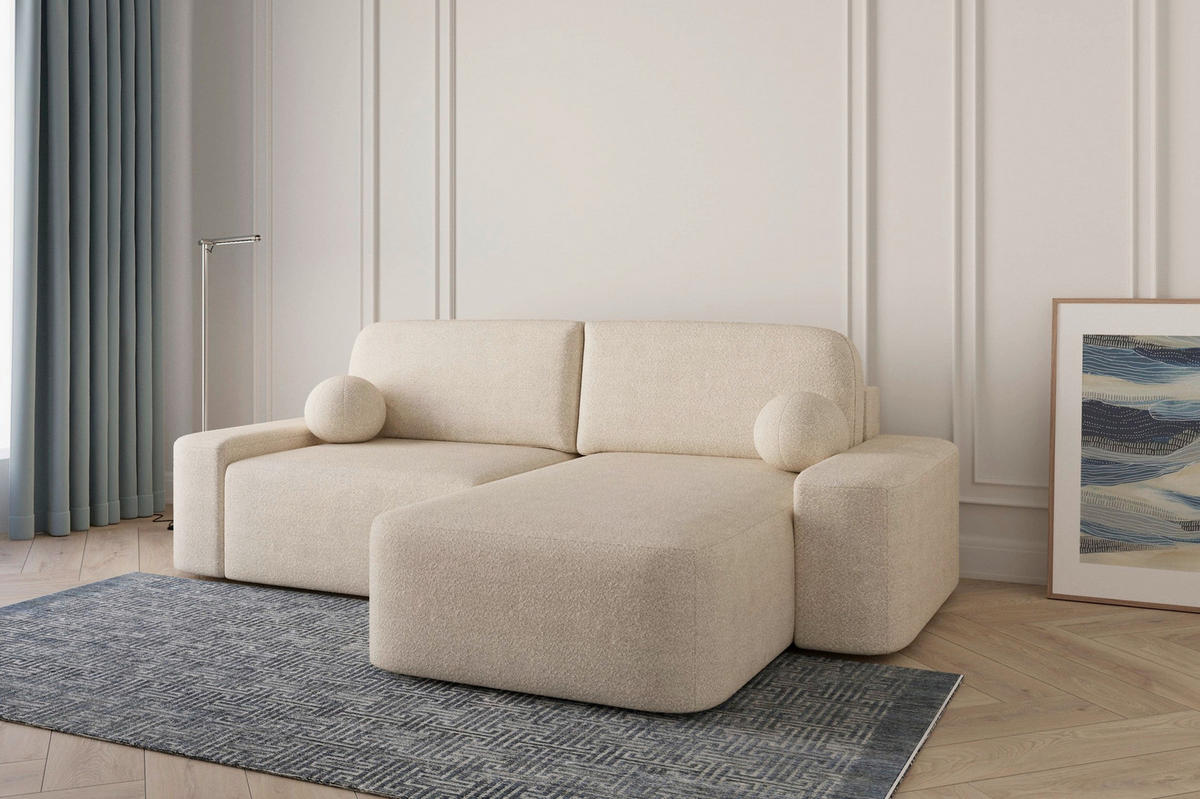 ECKSOFA OVAL Creme Bouclé Rückenkissen, Schlaffunktion, Rücken echt, Stauraum  - Creme/Schwarz, Design, Kunststoff/Textil (268/110cm) - MID.YOU