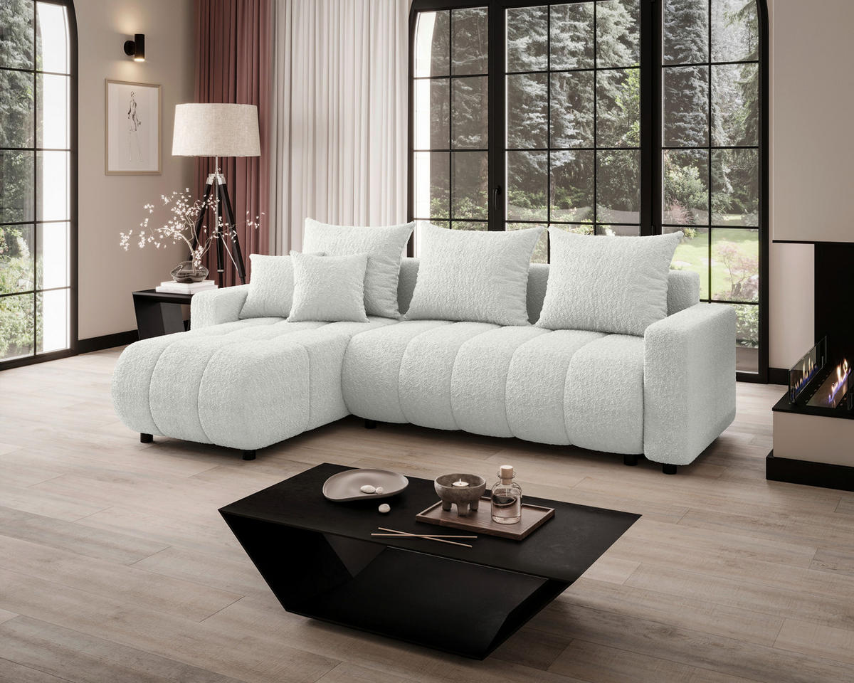 ECKSOFA Weiß Bouclé Zierkissen, Rückenkissen, Bettkasten, Schlaffunktion, Rücken echt, Liegefläche im Originalstoff  - Schwarz/Weiß, MODERN, Kunststoff/Textil (150/240cm) - Carryhome