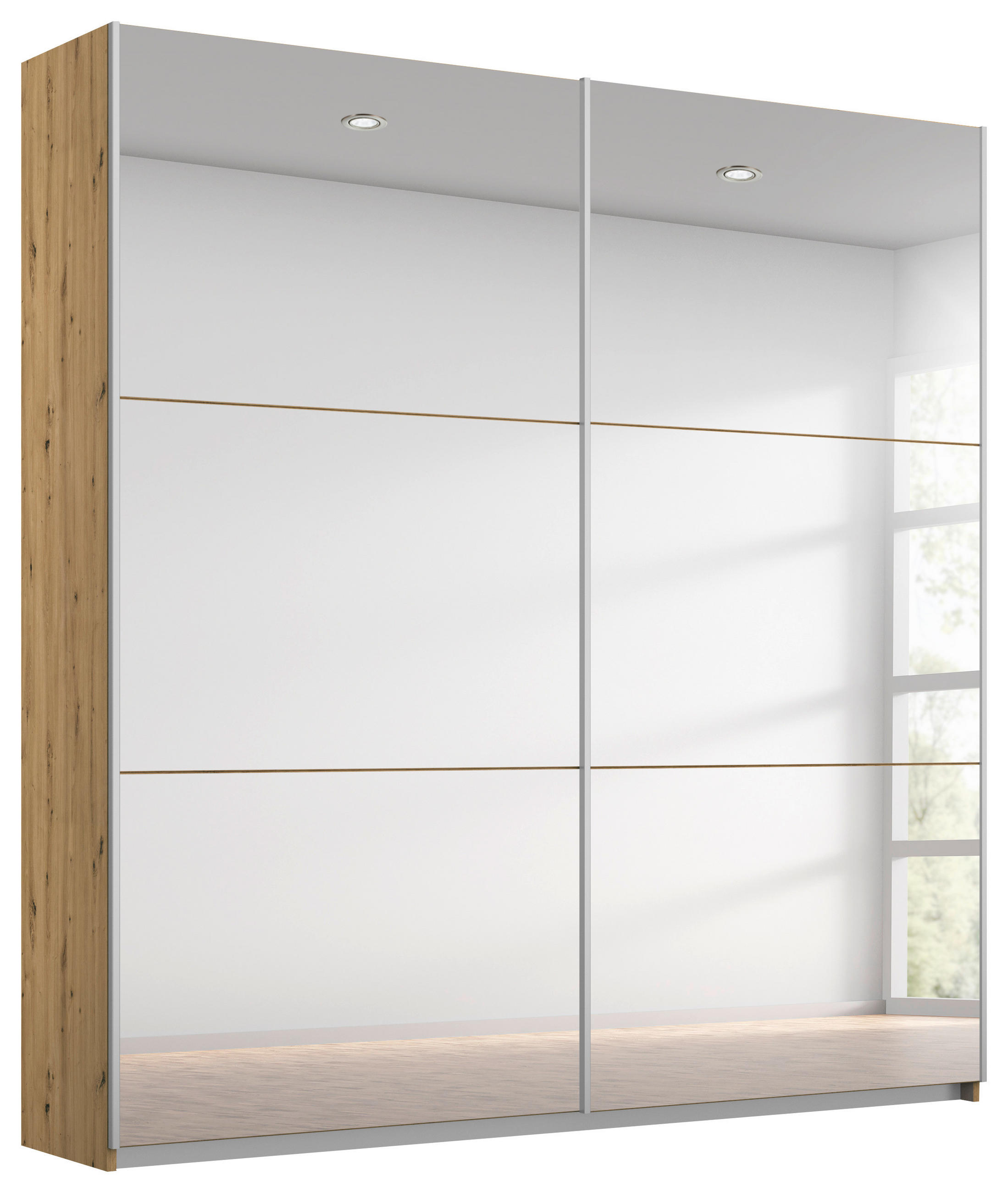 SCHWEBETÜRENSCHRANK 175/210/59 cm,  in Silberfarben, Eiche Artisan, 2 Tür(en)  - Silberfarben/Alufarben, MODERN, Glas/Holzwerkstoff (175/210/59cm) - Rauch Möbel