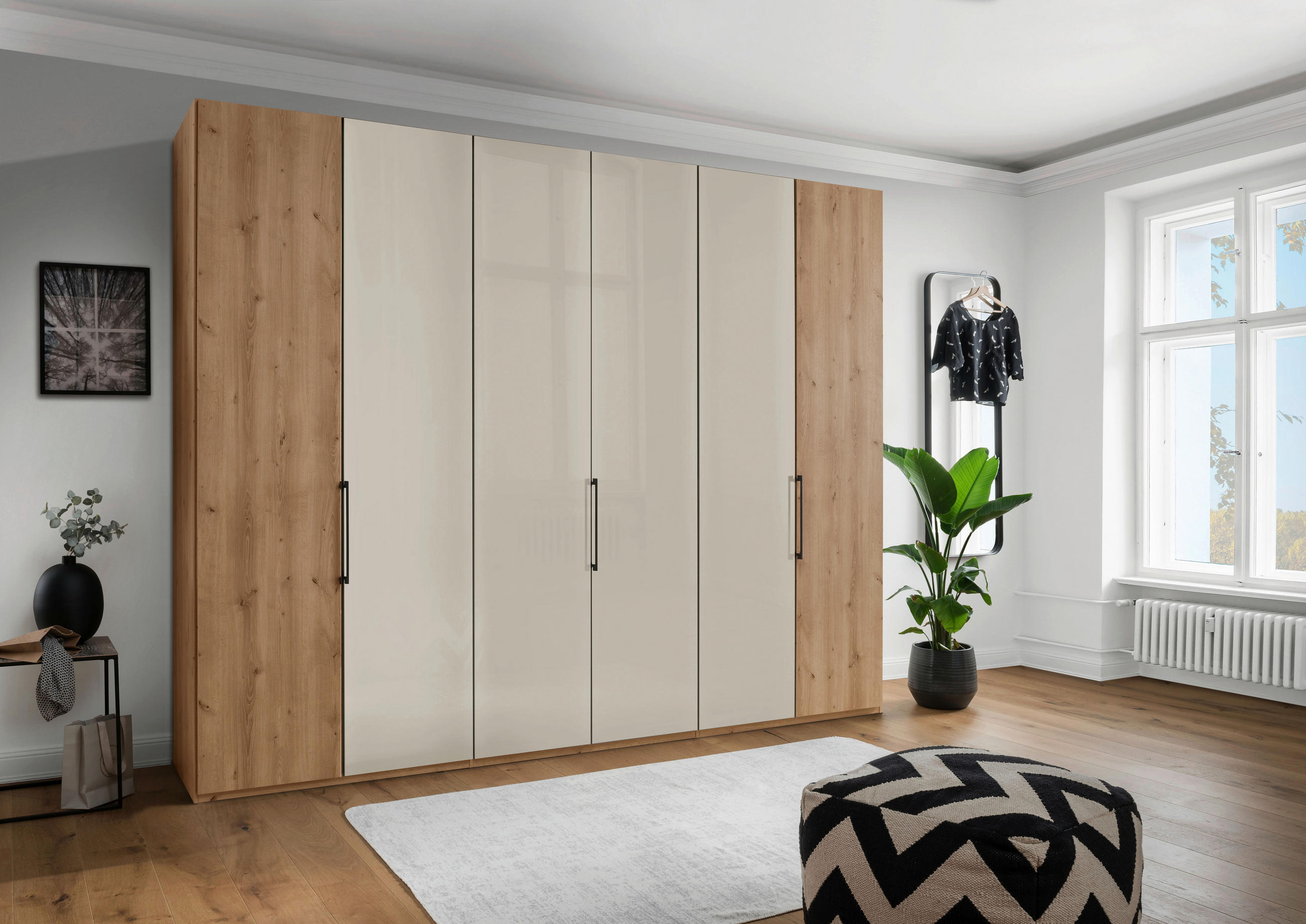 DREHTÜRENSCHRANK 300/216/58 cm 6-türig Champagner, Eiche Bianco  - Schieferfarben/Eiche Bianco, KONVENTIONELL, Glas/Holzwerkstoff (300/216/58cm) - Dieter Knoll