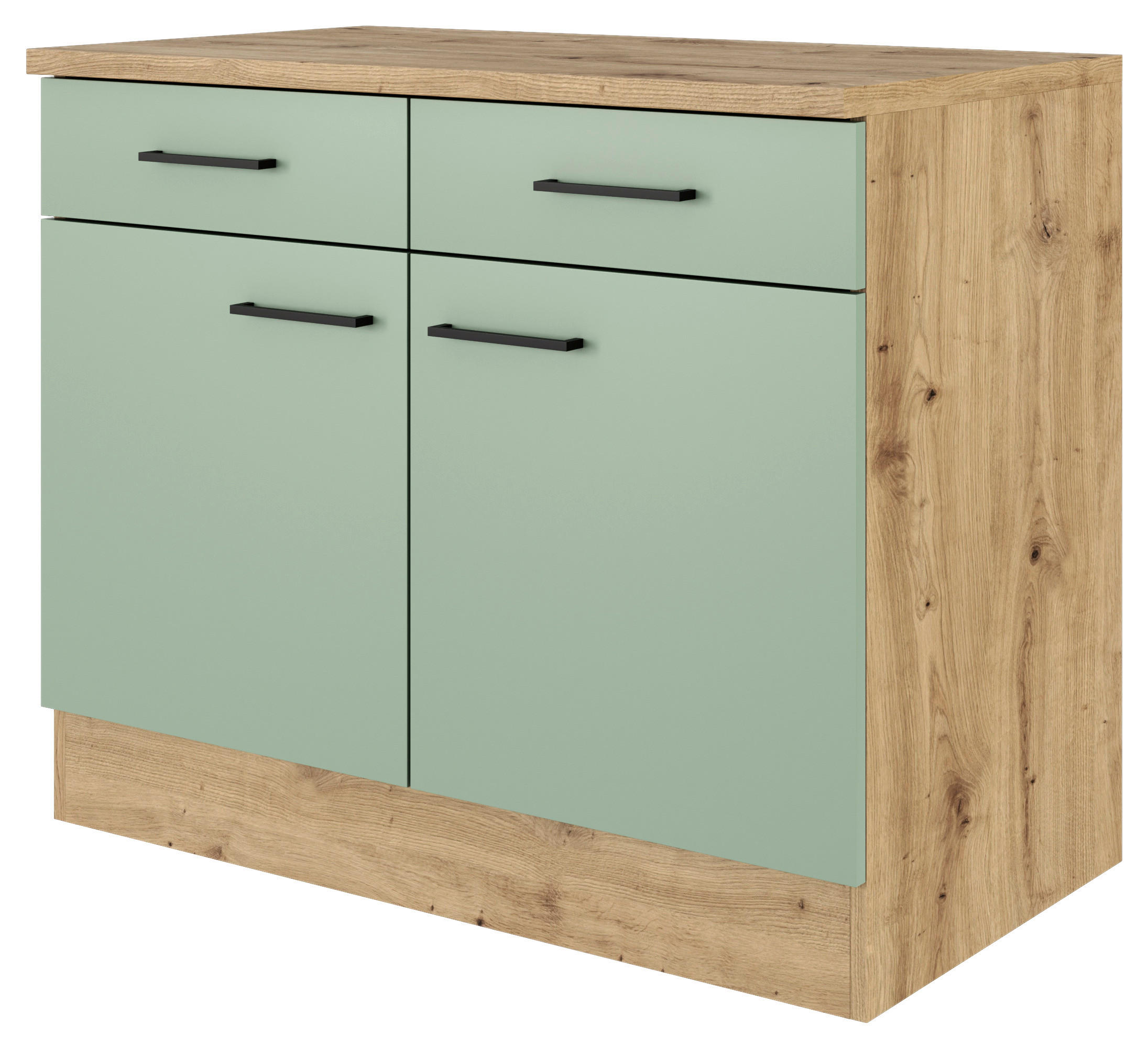 FlexWell Küchenunterschrank Schilfgrün, Eiche Artisan 100x85x57 cm