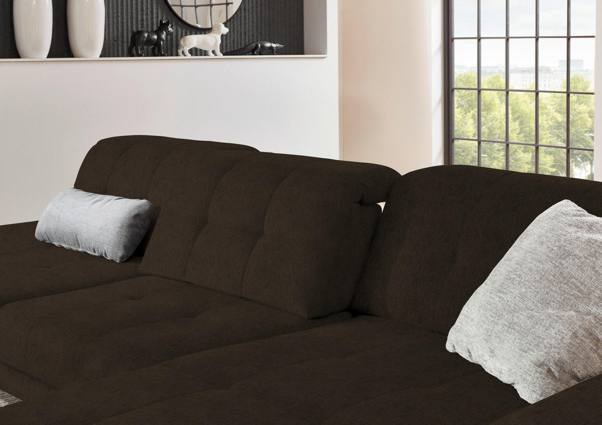ECKSOFA in Flachgewebe Dunkelbraun  - Dunkelbraun/Schwarz, Design, Textil/Metall (309/190cm) - Beldomo Style