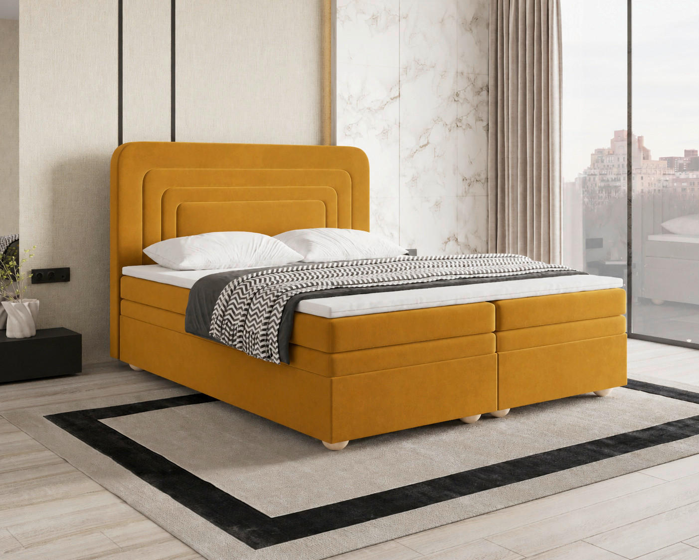 BOXBETT 140/200 cm,  in Currygelb, gepolstertes Kopfteil, Bettkasten, Topper, H2 + H3 = mittel + fest  - Currygelb, MODERN, Holz/Kunststoff (140/200cm) - Livetastic