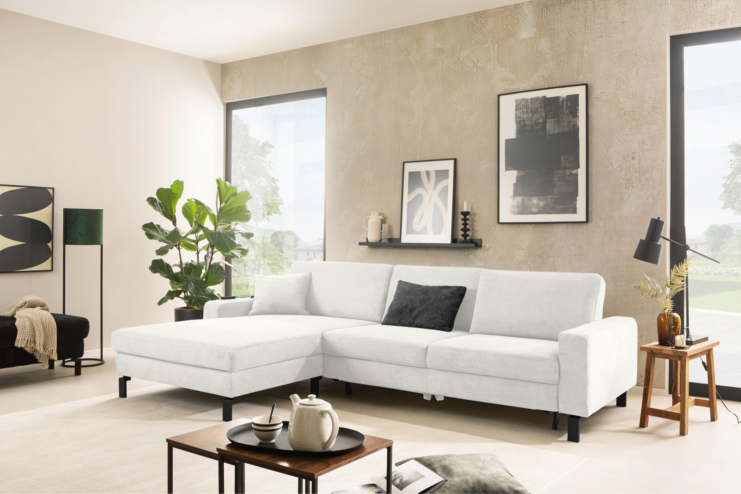 ECKSOFA in Cord Weiss  - Weiss/Schwarz, Design, Textil/Metall (185/298cm) - Pure Home Lifestyle