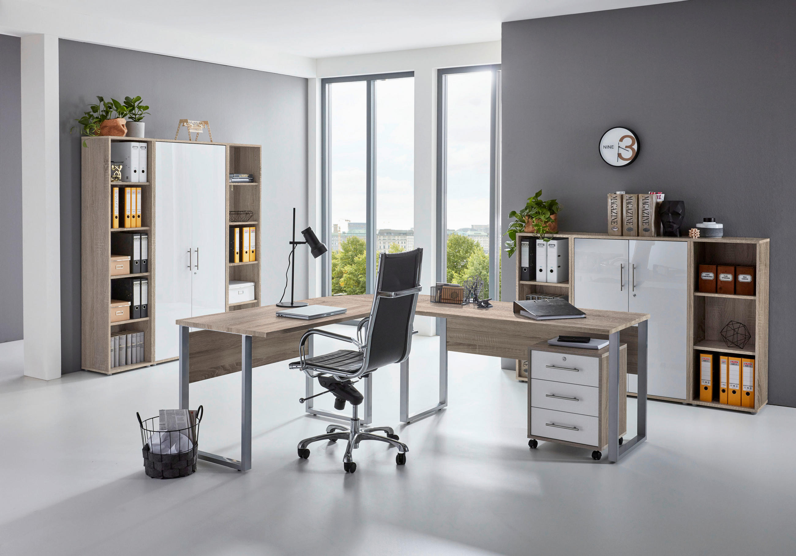 BÜRO erweiterbar, in verschiedenen Holz-Dekoren erhältlich, Schreibtisch seitenverkehrt montierbar, abschließbar Sonoma Eiche, Weiß Hochglanz - Weiß Hochglanz/Sonoma Eiche, MODERN, Holzwerkstoff - MID.YOU