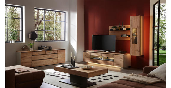 WOHNWAND in Schwarz, Eichefarben, Schieferfarben - Schieferfarben/Eichefarben, MODERN, Glas/Holzwerkstoff (267/207/55cm) - Hom`in