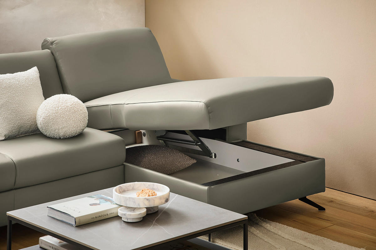 ECKSOFA in Echtleder Hellgrau  - Hellgrau/Schwarz, Design, Leder/Metall (267/165cm) - Lomoco