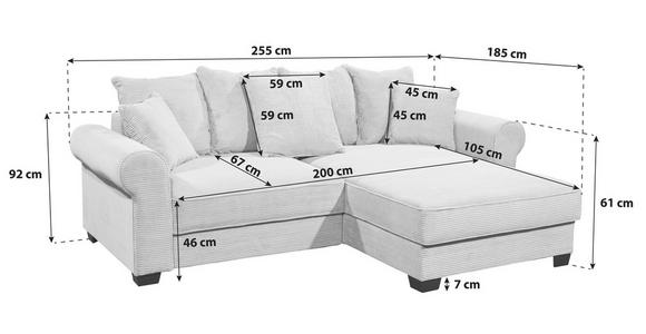ECKSOFA Creme Cord  - Creme/Schwarz, KONVENTIONELL, Kunststoff/Textil (255/185cm) - Hom`in