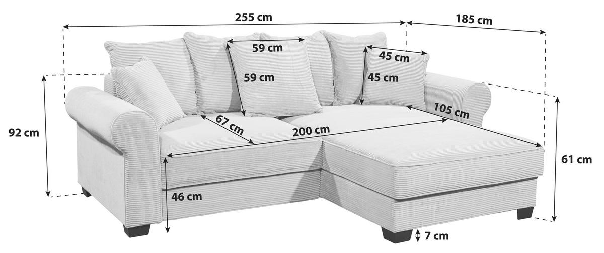 ECKSOFA Salbeigrün Cord  - Salbeigrün/Schwarz, KONVENTIONELL, Kunststoff/Textil (255/185cm) - Hom`in