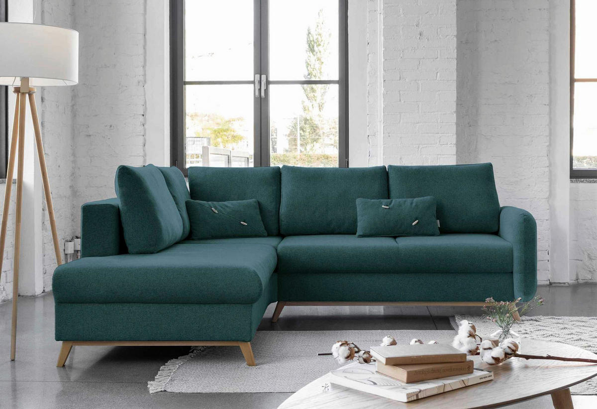 ECKSOFA Türkis Chenille  - Türkis/Naturfarben, Holz/Textil (202/242cm) - MID.YOU