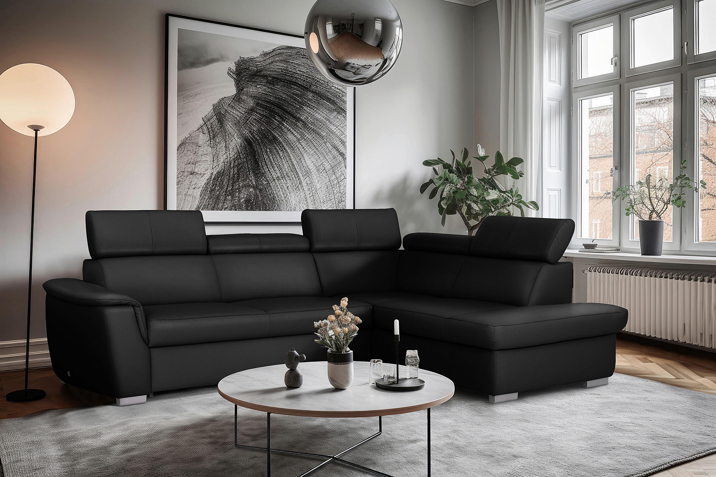 ECKSOFA  in Lederlook Echtleder Schwarz  - Silberfarben/Schwarz, Leder/Holz (262/211cm) - Celina Home