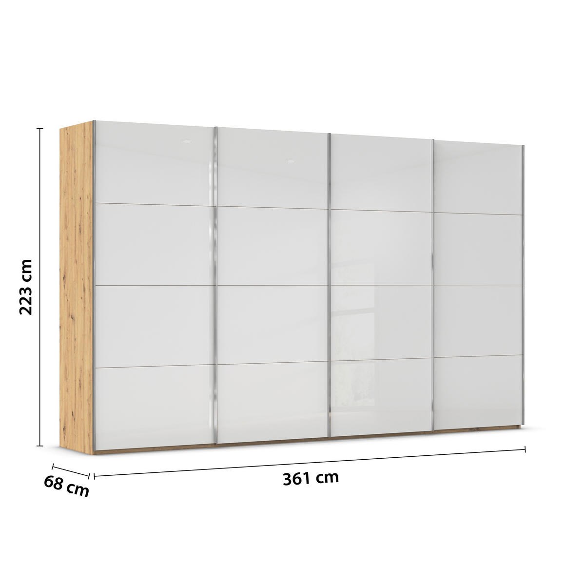 SCHWEBETÜRENSCHRANK 361/223/68 cm 4-türig Weiß, Eiche Artisan  - Chromfarben/Weiß, Design, Glas/Holzwerkstoff (361/223/68cm) - Novel