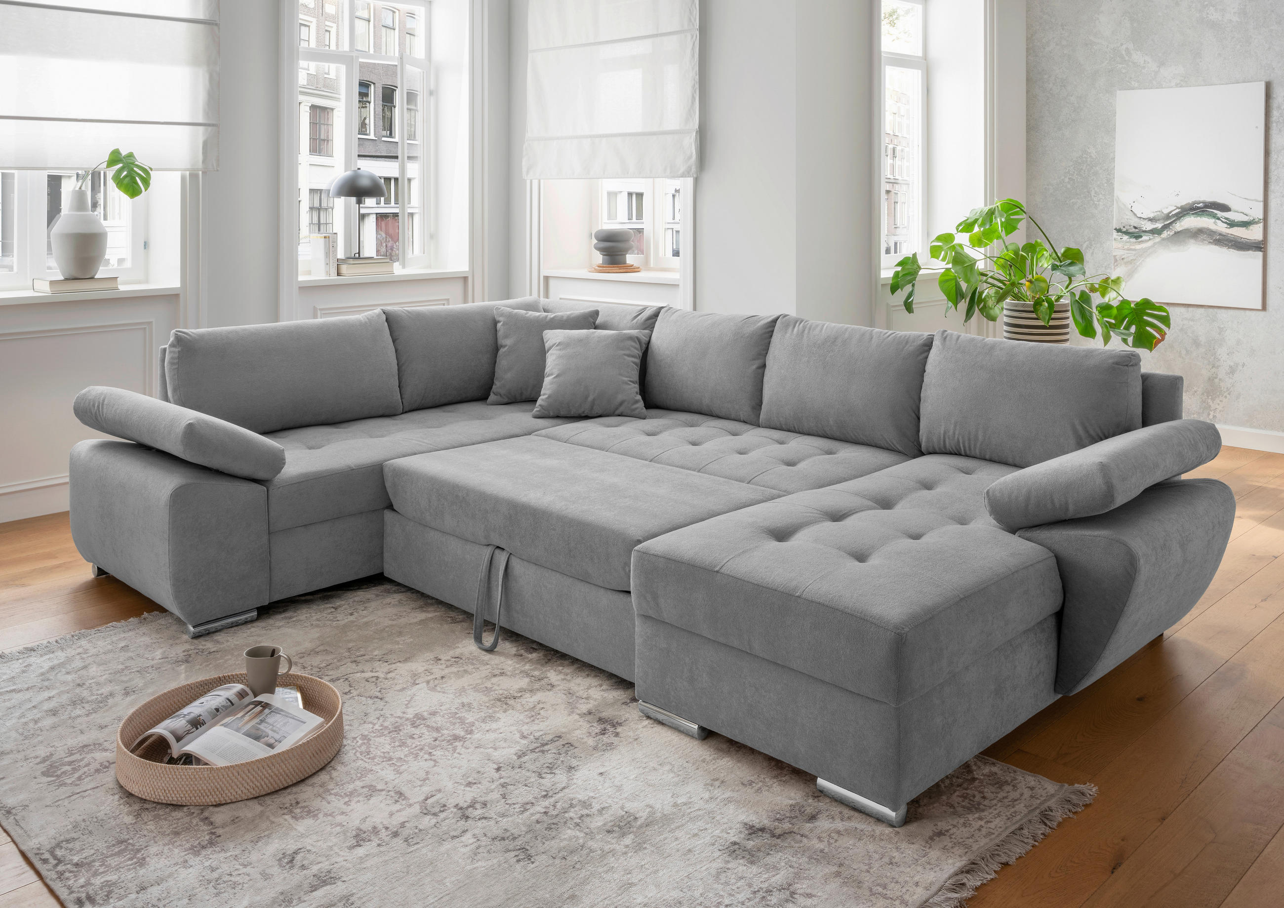 Wohnlandschaft Silberfarben Mikrofaser  - Chromfarben/Silberfarben, KONVENTIONELL, Textil/Metall (219/305/157cm) - Livetastic