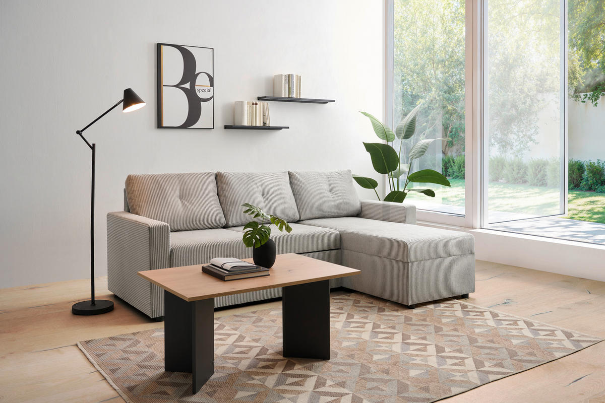 ECKSOFA Hellgrau Cord  - Hellgrau/Schwarz, KONVENTIONELL, Kunststoff/Textil (218/155cm) - Ti'me