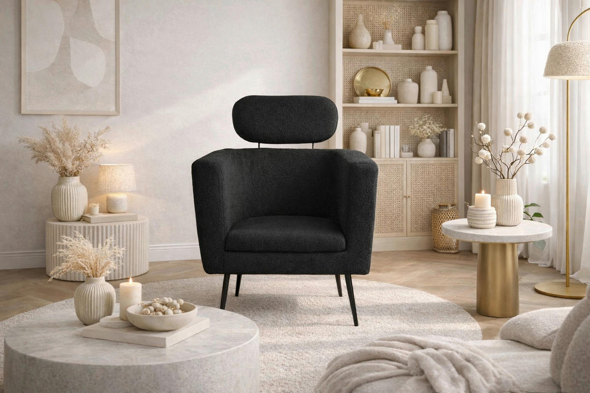 SESSEL Teddystoff Schwarz    - Schwarz, Design, Textil/Metall (67/72/95-103cm) - MID.YOU