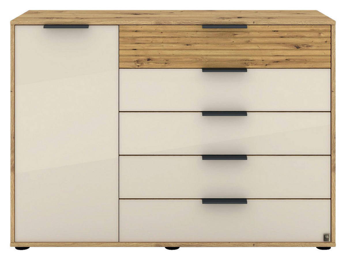 KOMMODE , 120/86/43 cm, 5 Schublade(n)  - Schieferfarben/Eiche Bianco, Design, Glas/Holzwerkstoff (120/86/43cm) - Musterring