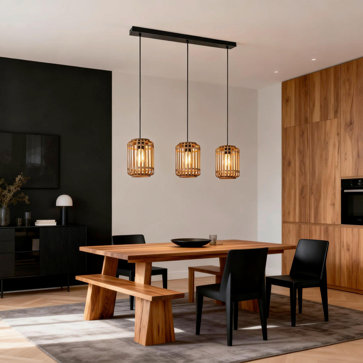 HÄNGELEUCHTE Vinkovci 77/17/120 cm  - Schwarz/Naturfarben, Design, Naturmaterialien/Metall (77/17/120cm) - Marama