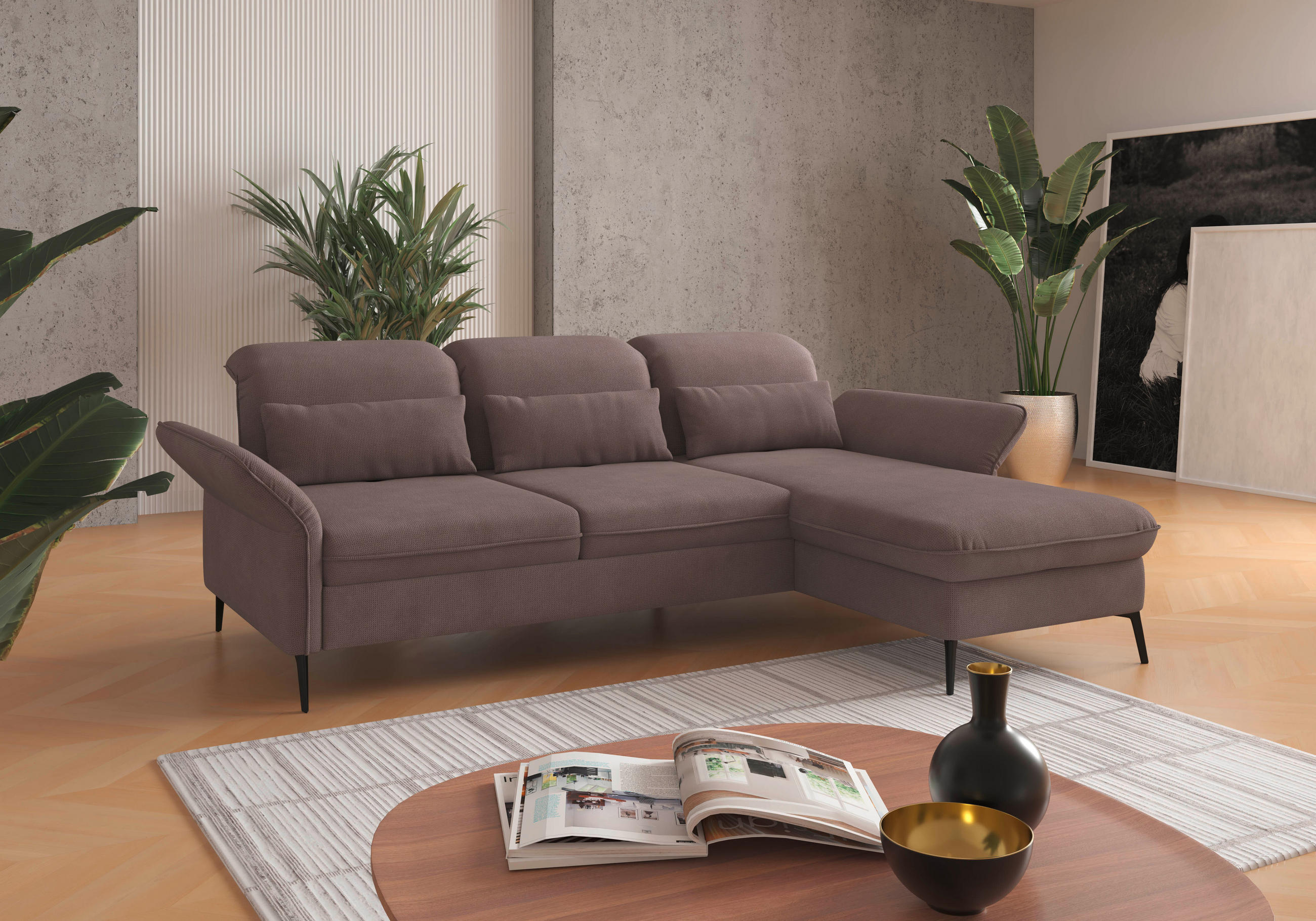 ECKSOFA in Flachgewebe Taupe  - Taupe/Schwarz, Konventionell, Textil/Metall (264/198cm) - Sit & More