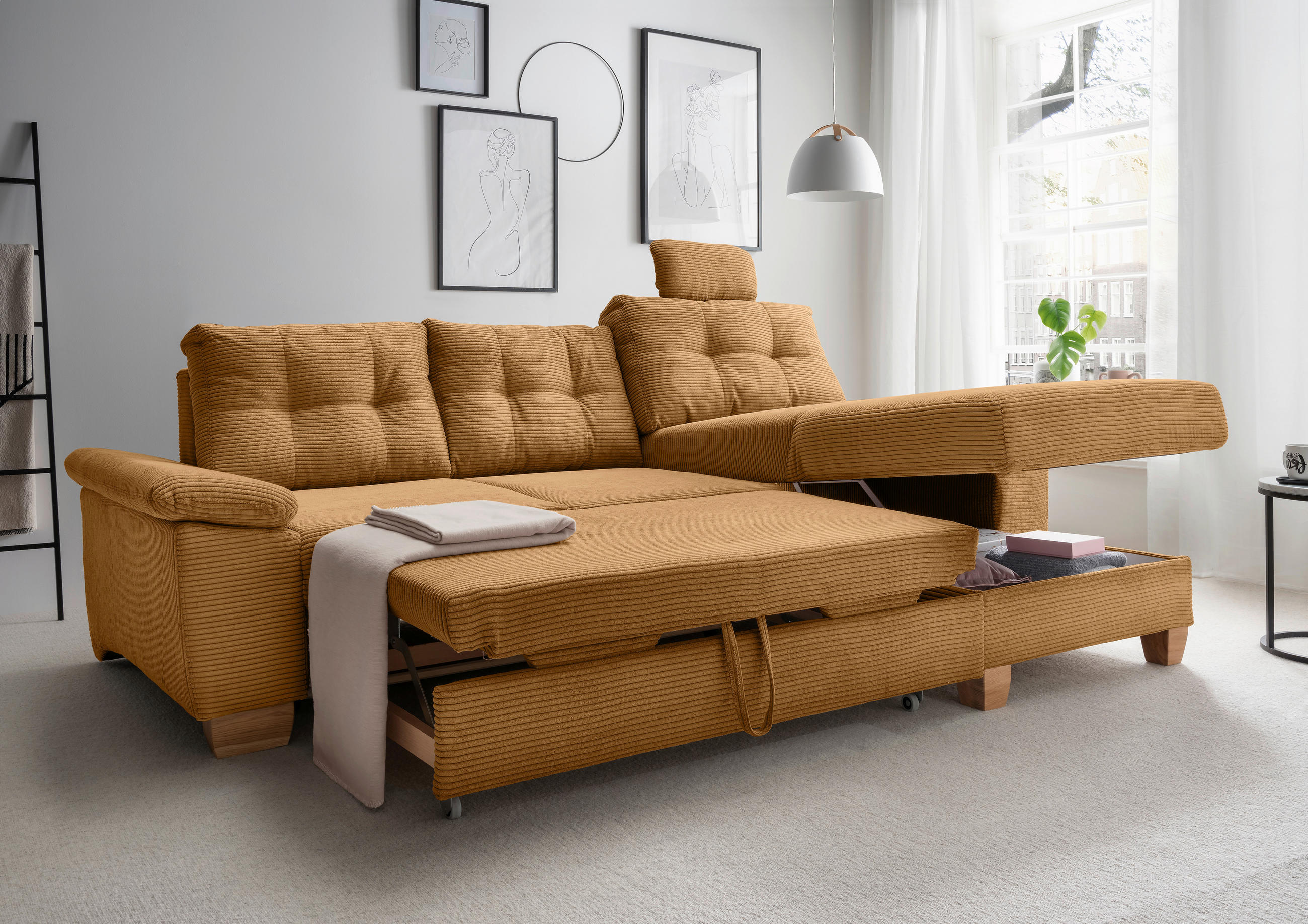 ECKSOFA in Cord Goldfarben  - Goldfarben/Naturfarben, Modern, Holz/Textil (270/176cm) - Livetastic