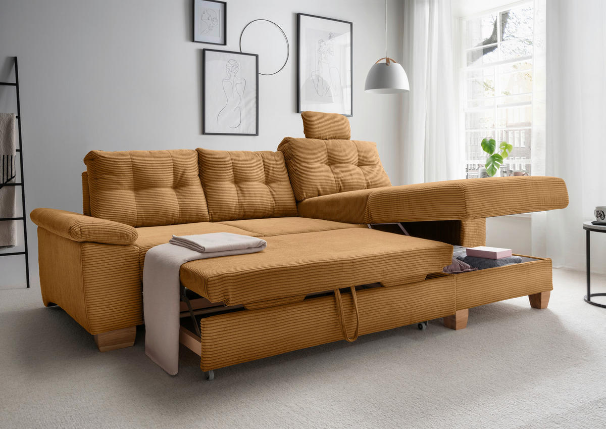 ECKSOFA in Cord Goldfarben  - Goldfarben/Naturfarben, Modern, Holz/Textil (270/176cm) - Livetastic