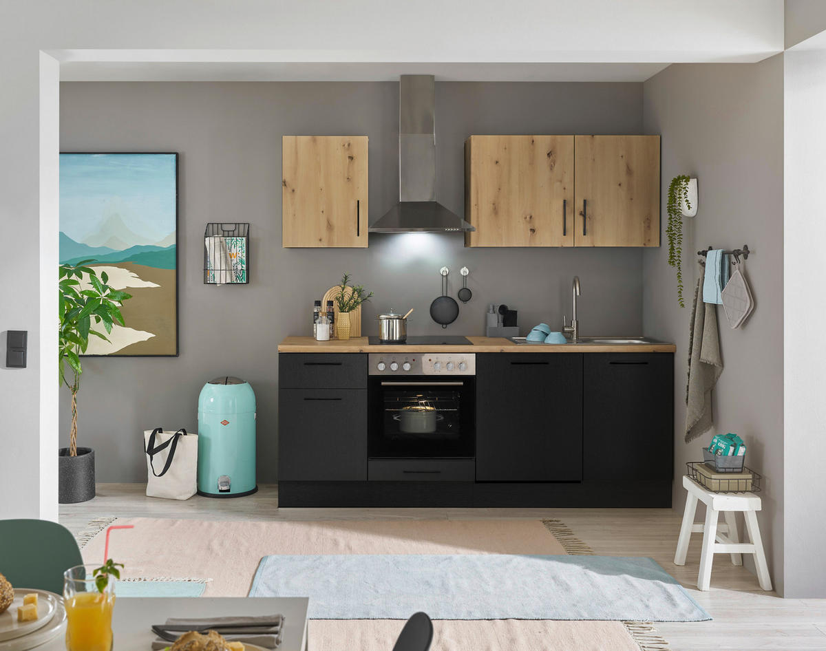 KÜCHENBLOCK 220 cm   in Schwarz, Eiche Artisan  - Schwarz/Eiche Artisan, Basics, Holzwerkstoff/Metall (220cm) - MID.YOU